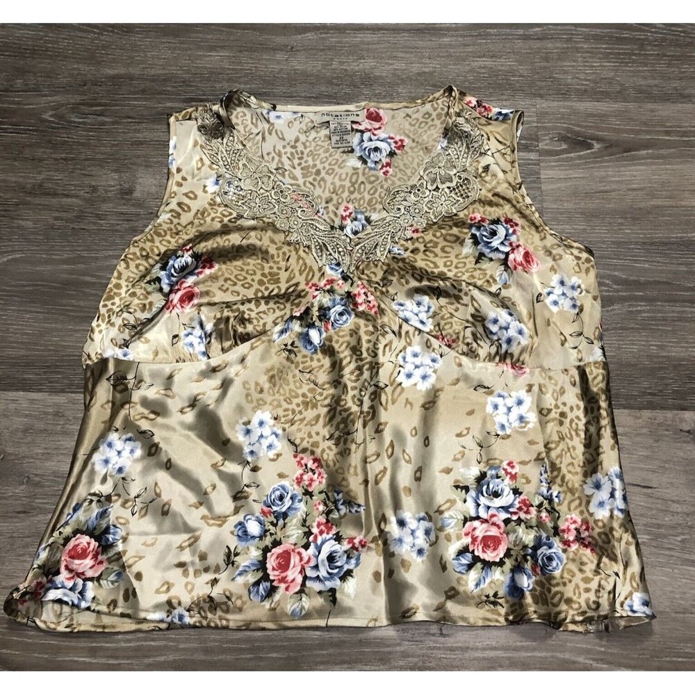 Notations SZ 2X Sleeveless Top Silky Polyester V Neck Lace‎ Floral Crochet Cami